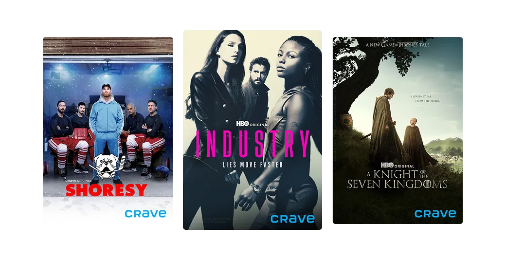 Three posters; Shoresy, Industry, and A Knight of the Seven Kingdoms.