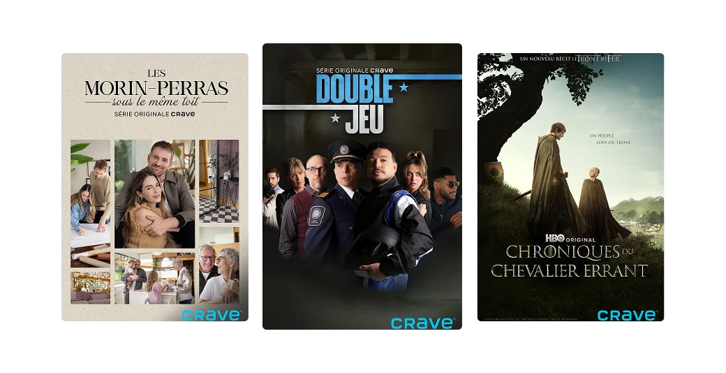 Trois affiches : les Morin-Perras, Double Jeu et Chroniques Du Chevalier Errant.