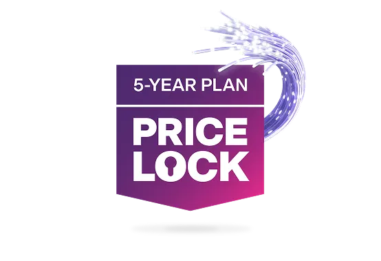An image featuring the TELUS 5-year Internet rate plan price lock logo in a purple and pink gradient banner.