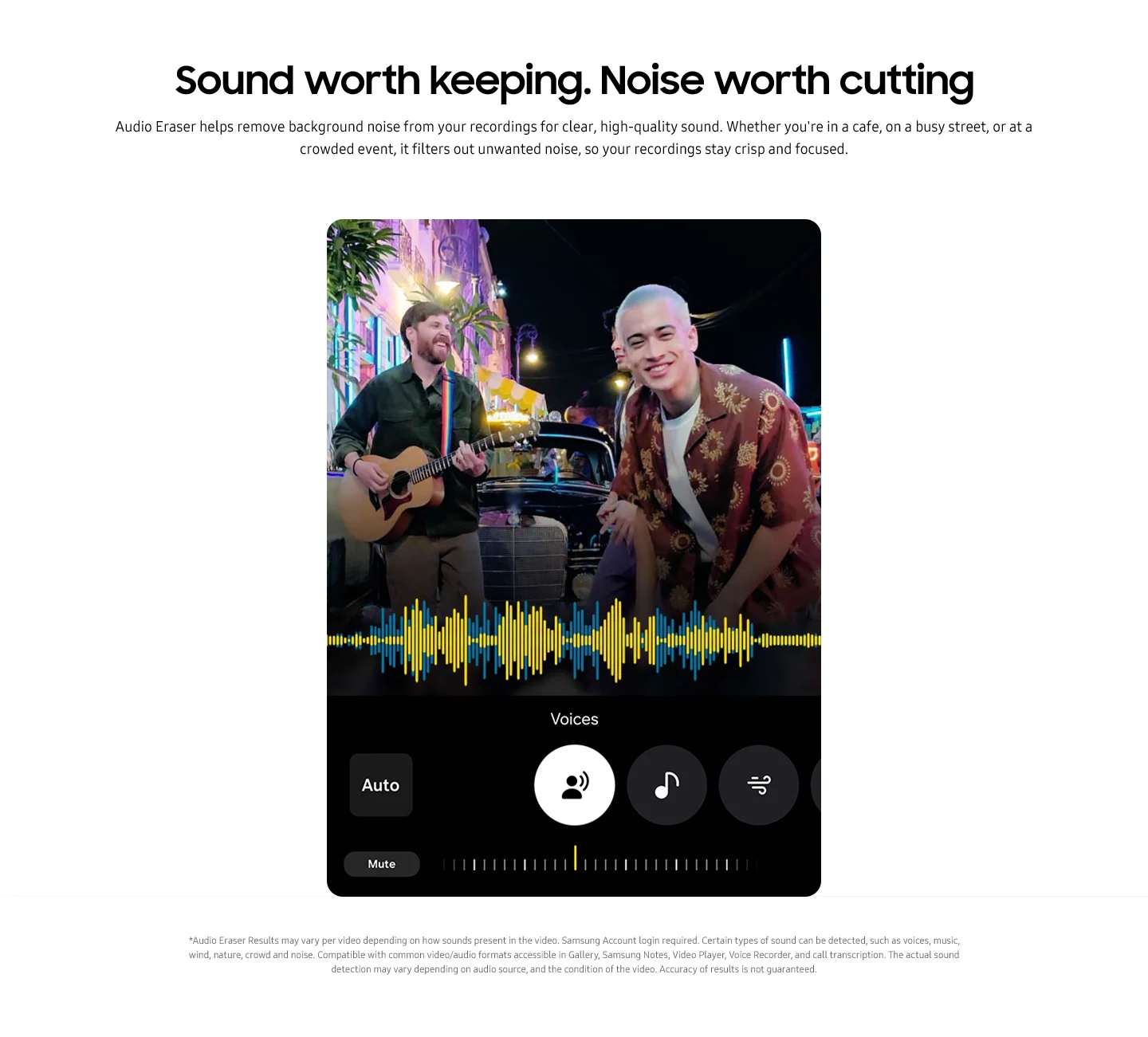 Smartphone display of Samsung Audio Eraser removing background noise from recordings, showing two people in an urban setting, audio waveform, and voice isolation controls.