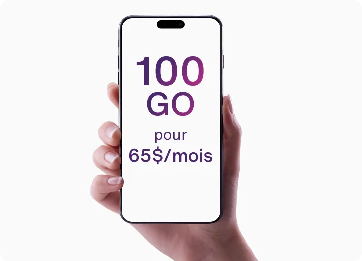 Une main tenant un téléphone affichant « 100 GO pour 65 $/mois ».