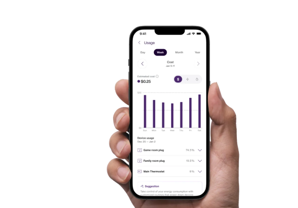 Un téléphone affiche les thermostats intelligents connectés à votre domicile via l'application.