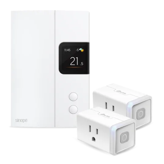 A Sinopé Smart Wi-Fi Thermostat 3000W and two Kasa smart plugs.