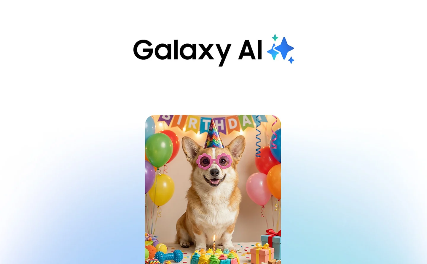 Galaxy AI. A smiling corgi in party attire.