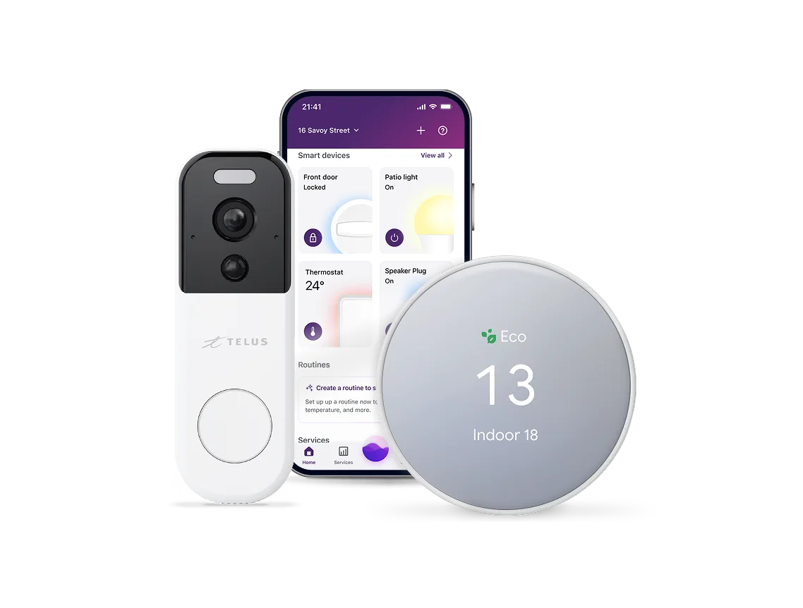 SmartHome Security control panel, doorbell camera and TELUS Smart Security lawn sign. 