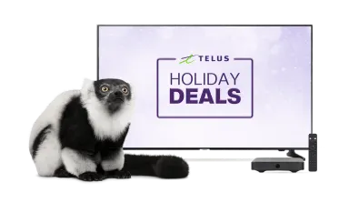 a TV with a lemur and a TV Box with control beside it. The TELUS Holiday deals stamp is displayed on the TV screen.