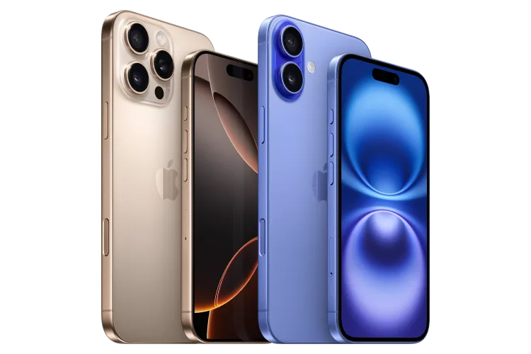 The back view of the iPhone 16 Pro Max and the front view of the iPhone 16 Pro beside the back view of the iPhone 16 Plus and the front view of the iPhone 16.