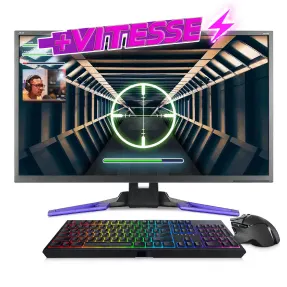 Une image montrant un jeu FPS sur le moniteur avec un clavier et une souris ci-dessous.