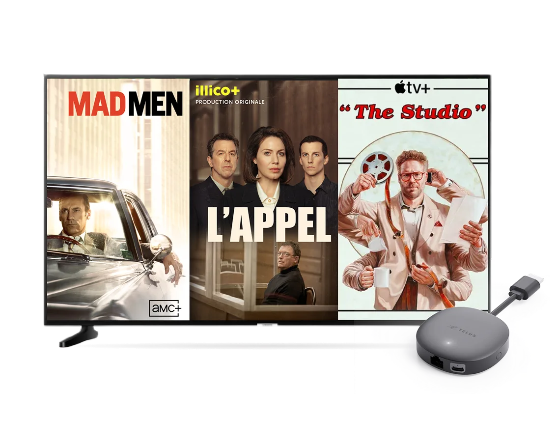 A TV screen showing posters for popular series next to the TELUS TV Mini