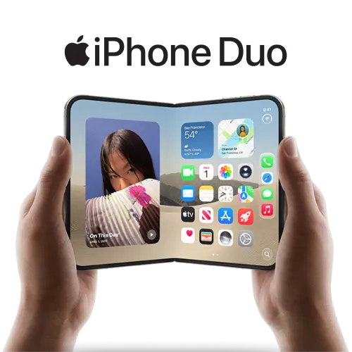 Two hands holding an iPhone Duo and showing its inner display, unfolding like a book.
