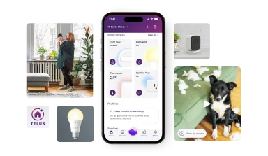 A Smartphone displaying SmartHome+ app surrounded by smart home features including security cameras, lighting controls, and live video feed of a mother with a baby.