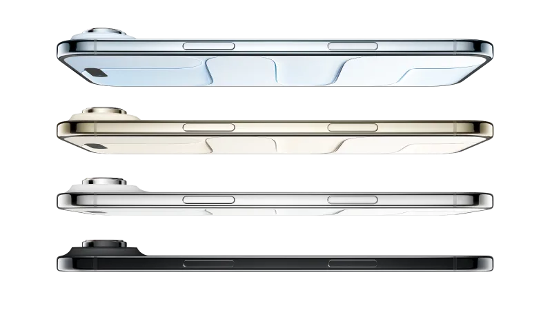 Side view of four ultra-slim iPhone Air smartphones laying horizontally.