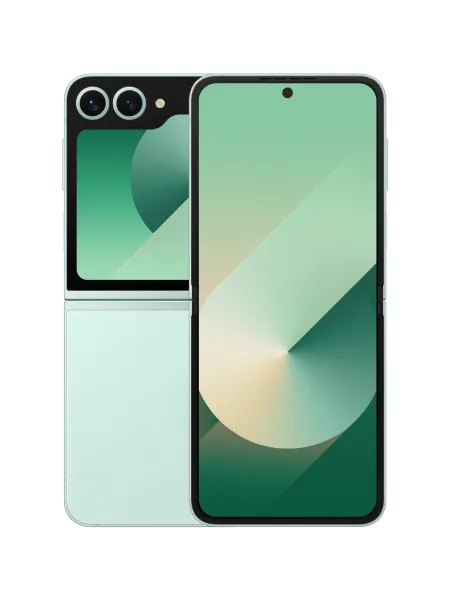 Front and back view of a Samsung Galaxy Z Flip6 in Mint.