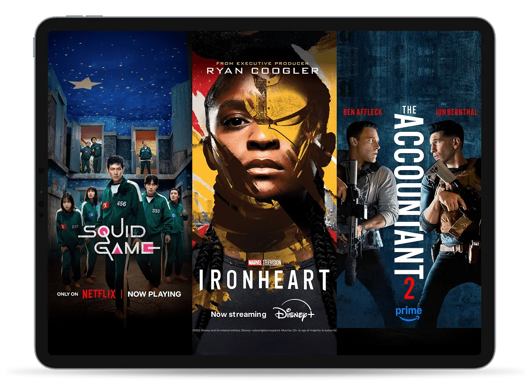 TELUS Stream+ posters for ‘Squid Game’ on Netflix, ‘Ironheart’ on Disney+, ‘The Accountant 2’ on Amazon Prime and TELUS Original House Special. 