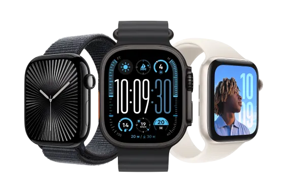 Three Apple Watches, one is displaying a clock, one is displaying a timer, and the third is displaying a personalized background with an image of a person looking outward  infront of a blue sky.