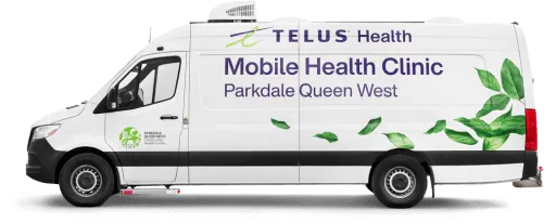 A TELUS MyCare mobile health clinic van from Parkdale Queen West