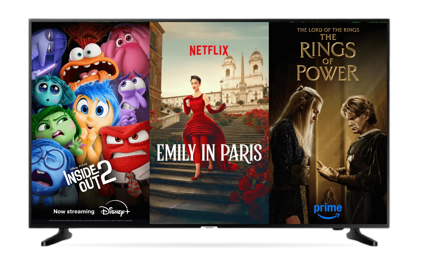 Poster: Emily in Paris on Netflix  Poster: Inside Out 2 on Disney+ Poster: The Rings of Power