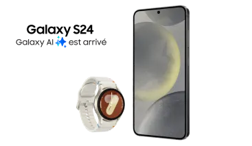 Un logo indique : « Galaxy S24 : Galaxy AI est là ». En dessous se trouve une Galaxy Watch7 à côté de la vue de face d'un Samsung Galaxy S24.