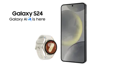 A logo reads, "Galaxy S24: Galaxy AI is here". Beneath is a Galaxy Watch7 beside the front view of a Samsung Galaxy S24.