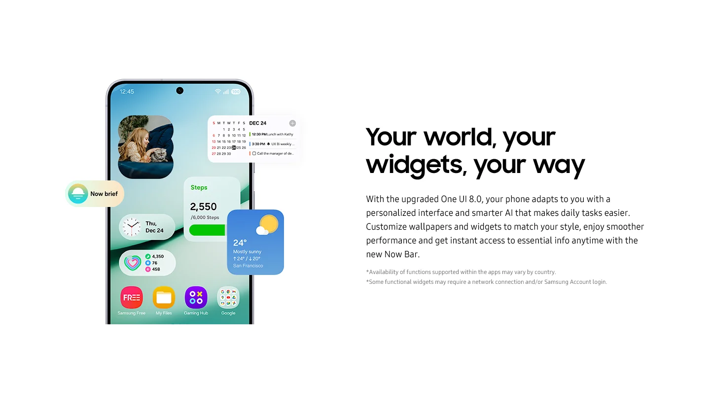 Samsung's One UI 8.0 showcases a customizable home screen with widgets and Now Bar, emphasizing a personalized interface and smarter AI for an enhanced user experience.