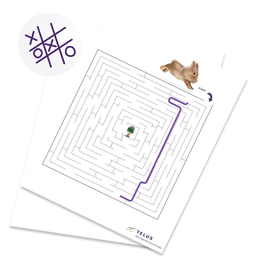 A piece of paper depicting a bunny entering a maze with an x-and-o game alongside it