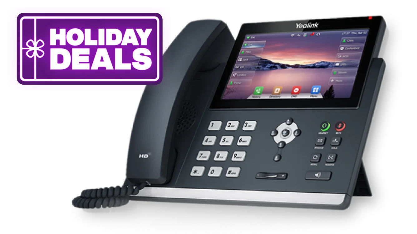 Dark grey and silver landline phone with a large, built-in touch screen. A roundel reads "Holiday Deals"