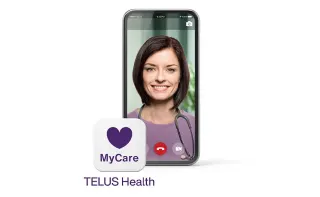 An image showing the MyTELUS health App on a mobile phone with the MyCare logo.