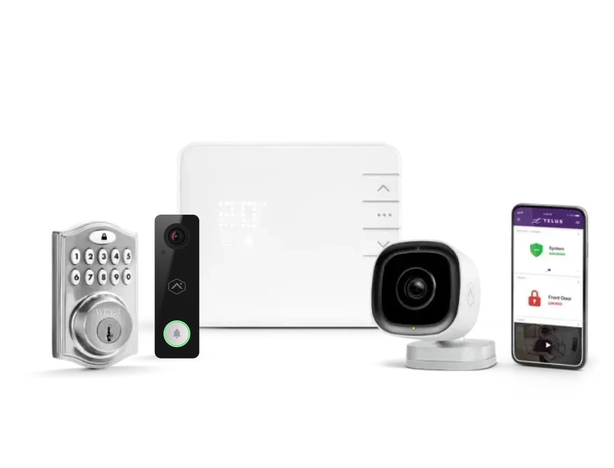 Examples of the $1,500 TELUS Smart Home Security equipment you can get on us: panel, doorbell camera, HD cameras.