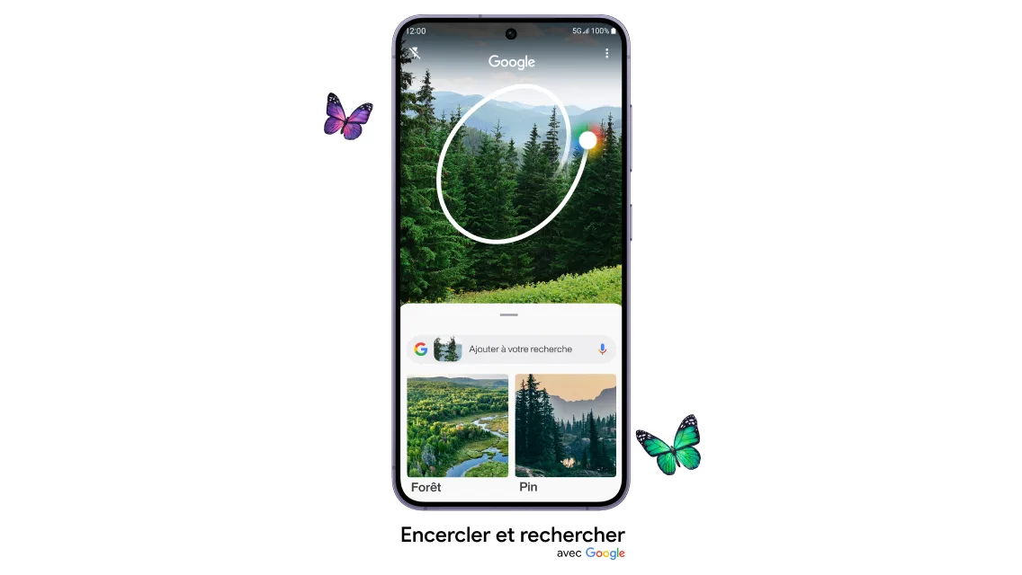 Vue avant du Samsung Galaxy S24. L’écran montre la fonction « Encercler et rechercher » de Google, utilisée sur l’image d’une forêt.