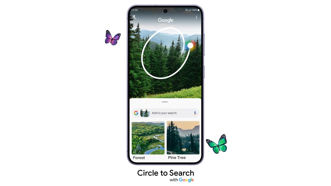 Front view of the Samsung Galaxy S24. The screen displays Google's Circle to Search feature used on an image of a forest. 