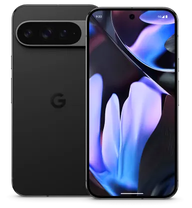 Front and back view of Pixel 9 Pro XL in Obsidian.