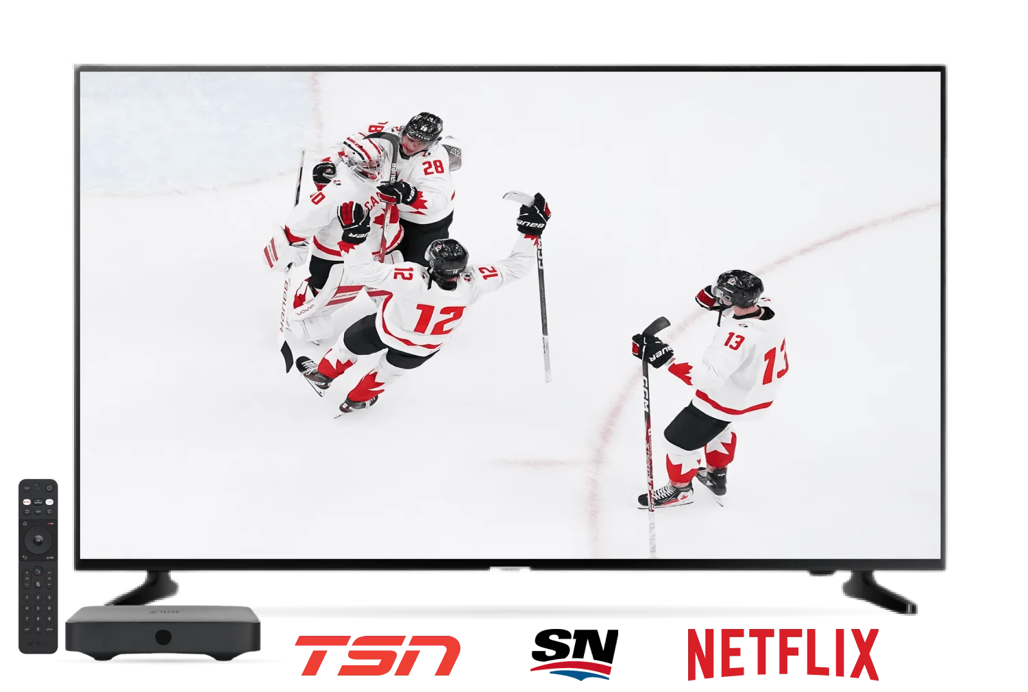 A large TV screen displaying members of Team Canada playing at the 2025 World Juniors.