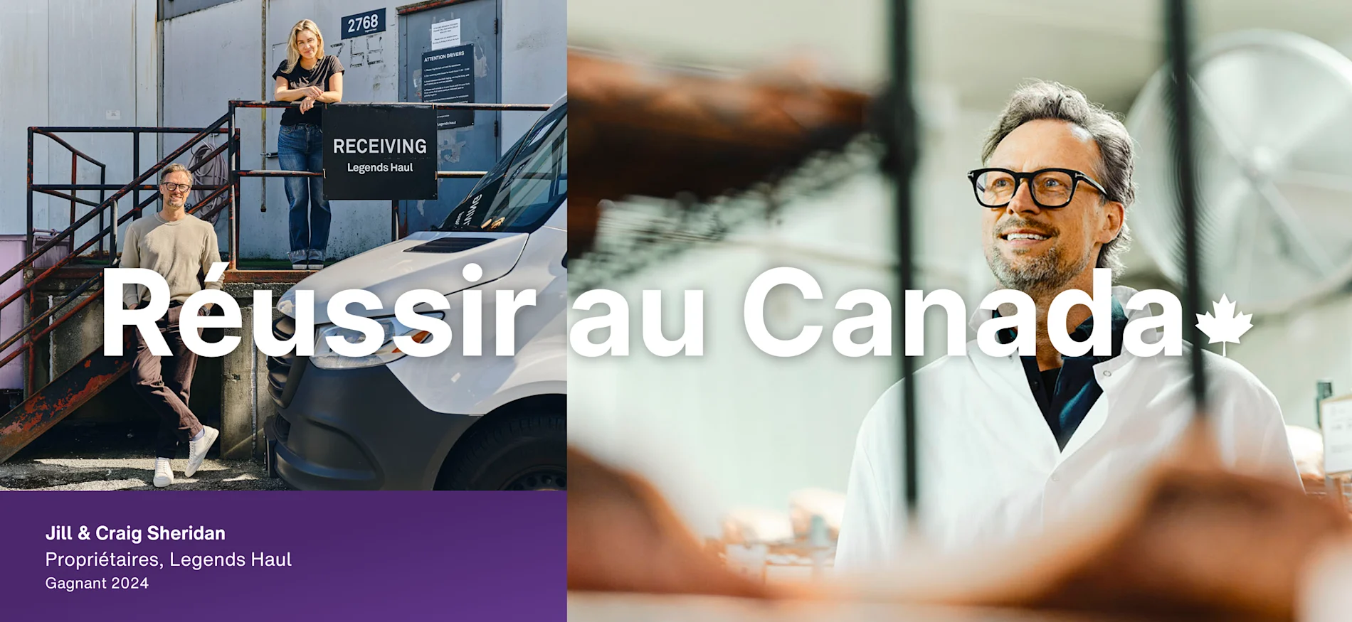 Jill et Craig Sheridan, propriétaires de Legends Haul et lauréats de 2024, se tiennent à l'extérieur de leur entrepôt et sourient fièrement. Sur le texte de superposition, on peut lire « Made it in Canada », avec une feuille d'érable.