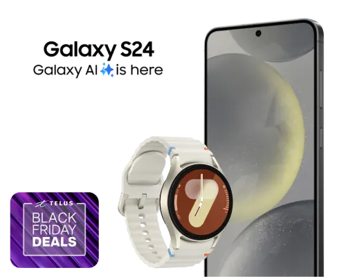 A logo reads, "Galaxy S24: Galaxy AI is here". Beneath is a Galaxy Watch7 beside the front view of a Samsung Galaxy S24. Another logo reads, "Black Friday Deals".