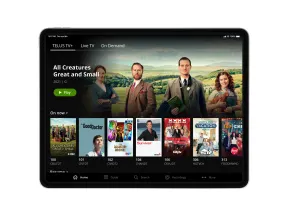 A tablet shows that you have access to a wide array of hit movies and series through the TELUS TV+ app.