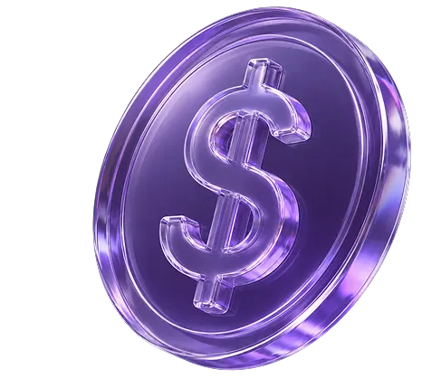 A render of a purple coin with a dollar sign.