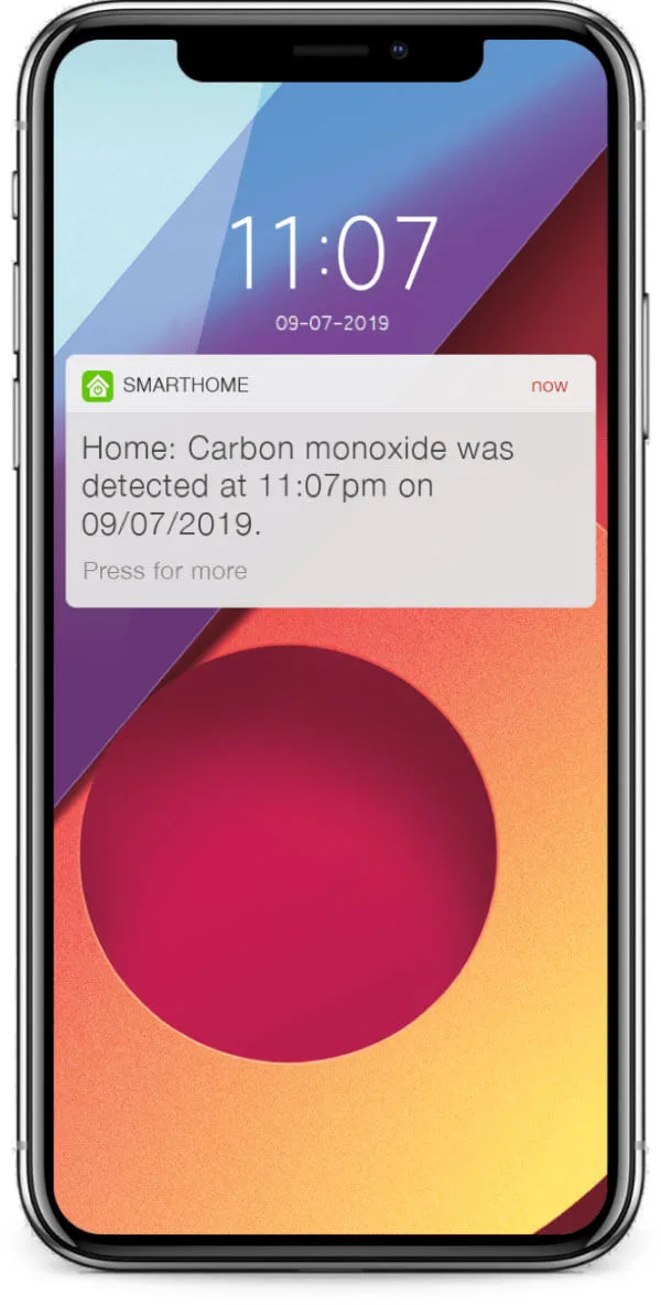 TELUS SmartHome alert message on iphone screen, indicating carbon monoxide was detected