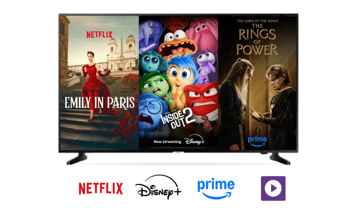 TELUS Stream plus. Tablet with posters for Emily in Paris on Netflix, Inside Out 2 on Disney+ and Rings of Power on Amazon Prime. Below the tv are logos for Netflix, Disney+ and Amazon Prime.