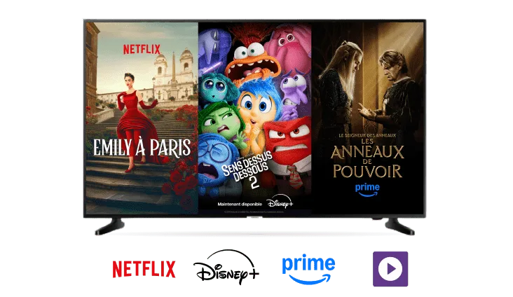 TELUS EnContinu+. Tablette avec affiches pour Emily in Paris sur Netflix, Sens Dessus Dessous 2 sur Disney+ et Les Anneaux de Pouvoir sur Amazon Prime. Sous la télévision se trouvent les logos de Netflix, Disney+ et Amazon Prime.