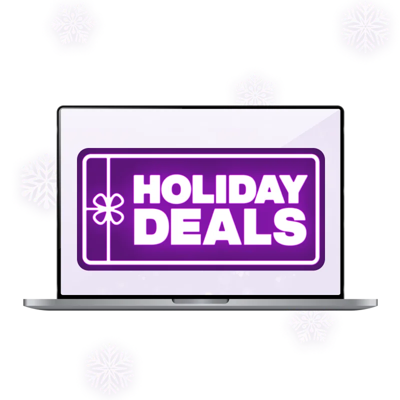 A laptop with a Holiday sale badge on the screen.