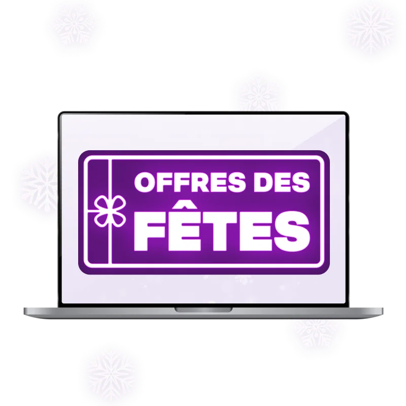 Un ordinateur portable avec un badge de solde du Fêtes à l'écran.