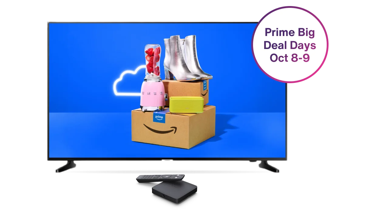 A large TV displaying a blender, a pair of boots, a jewelry case and two Amazon Prime boxes. Next to it is a roundel with the text: Bundle price guaranteed for 24 months.