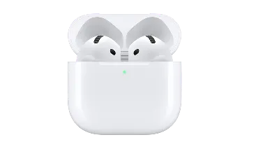 Des AirPods blancs dans leur étui de chargement.