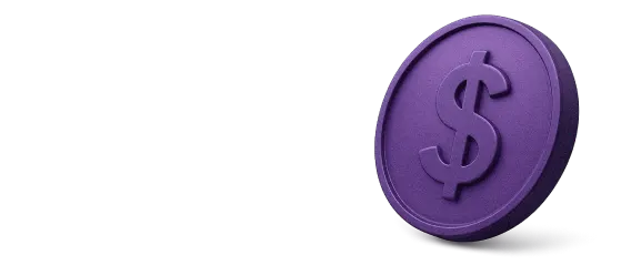 A render of a purple coin with a dollar sign.