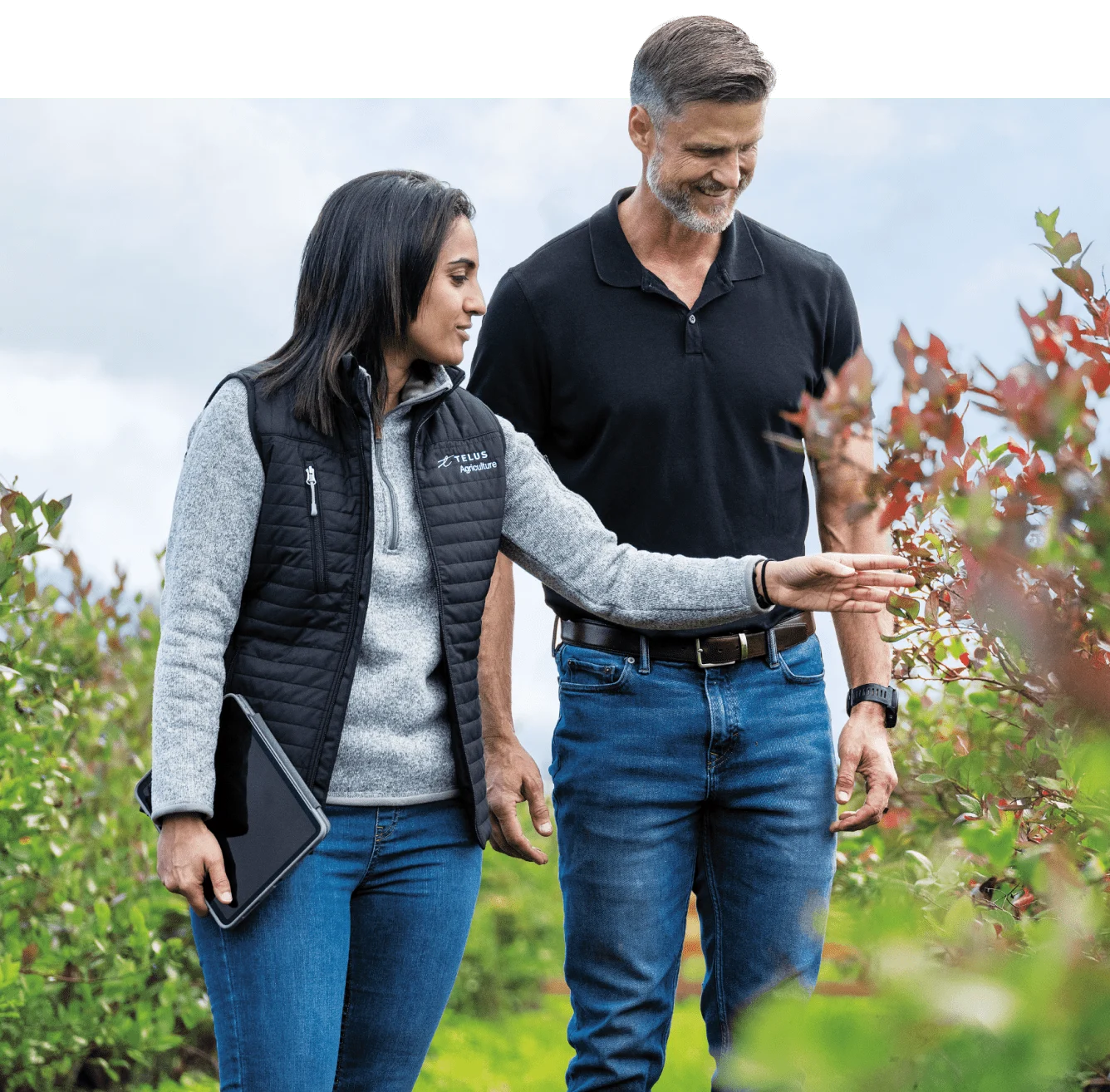 A woman and a man inspecting an orchard