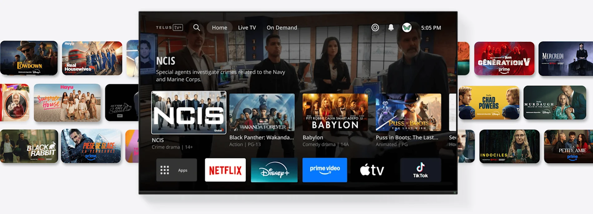 A TV with the TELUS TV+ interface displays recent and popular shows and several streaming channels