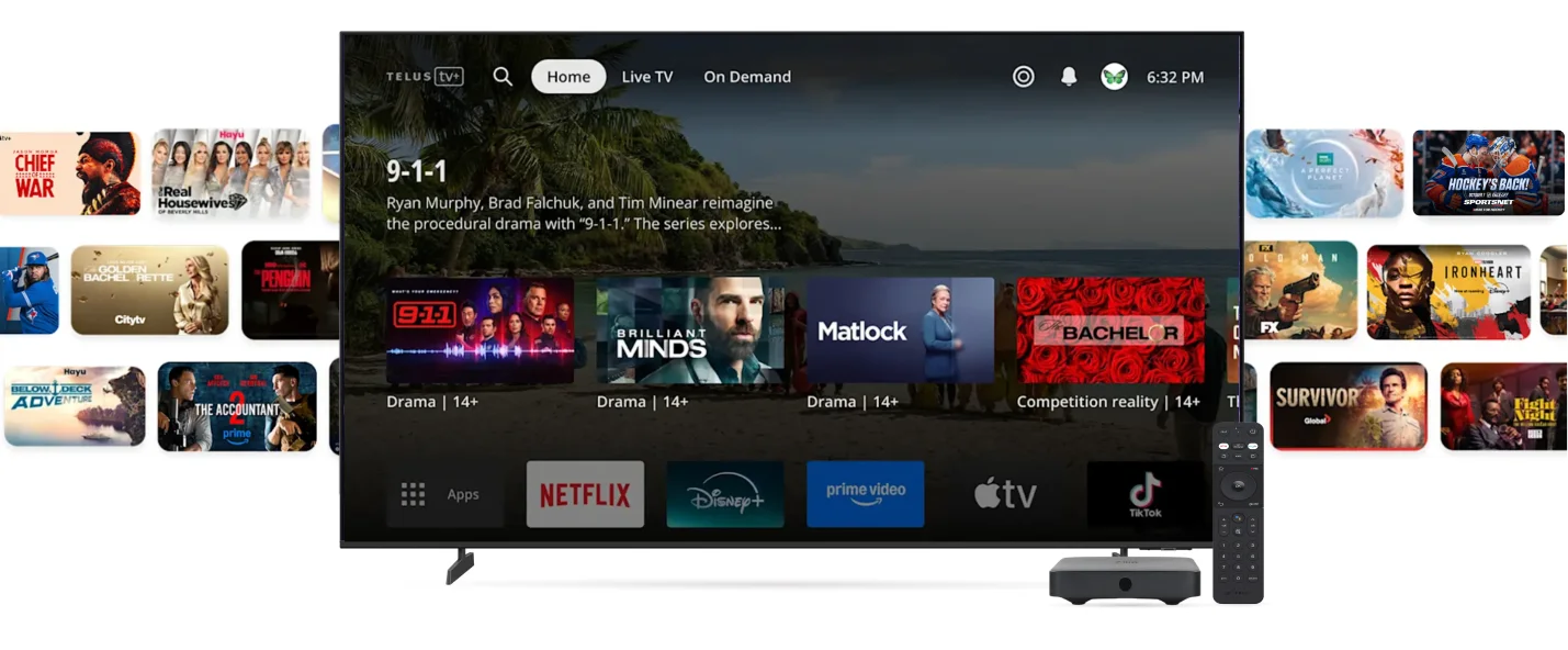 A TV with the TELUS TV+ interface displays recent and popular shows and several streaming channels