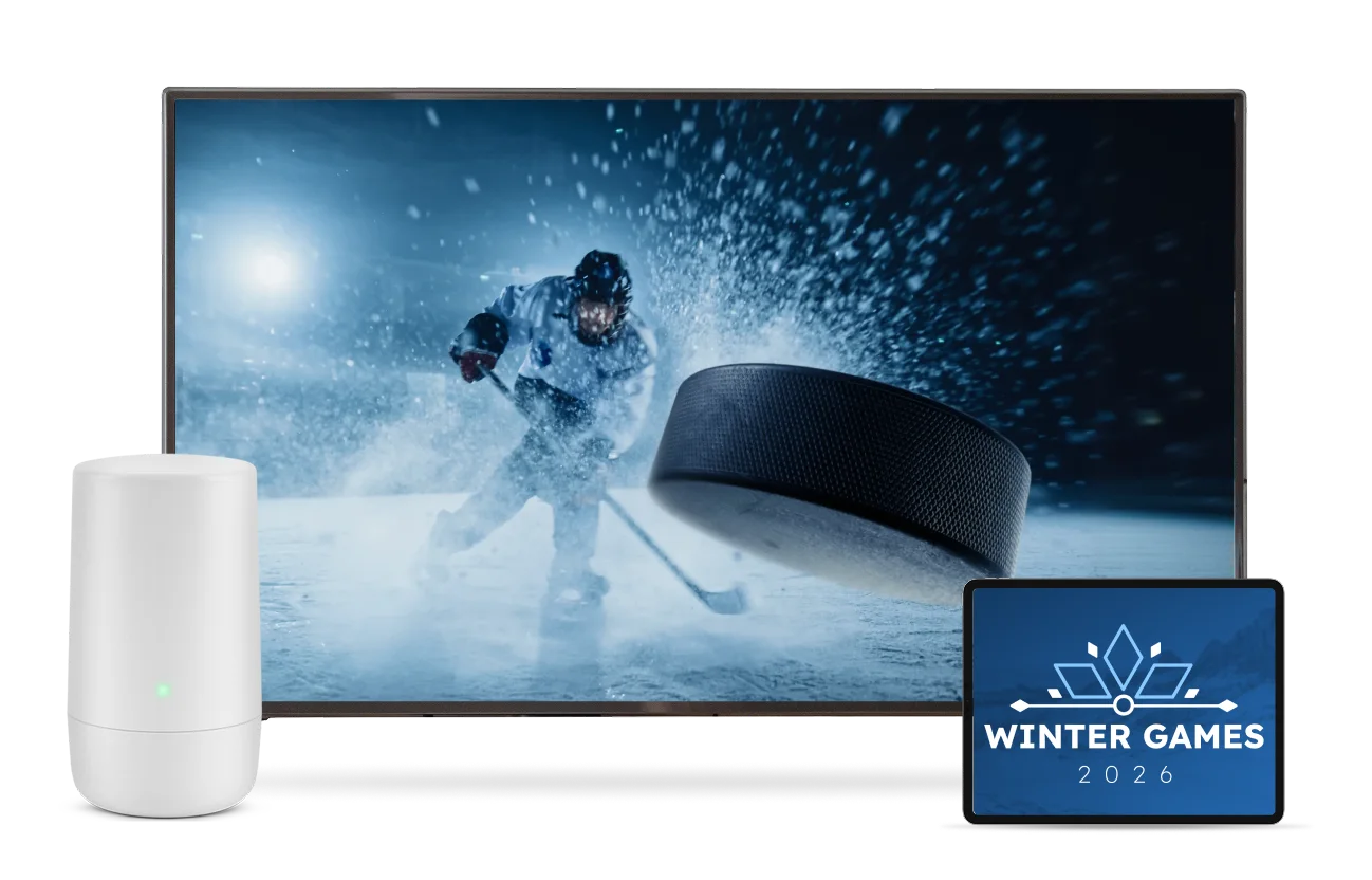 A TV, tablet and TELUS modem. The TV screen displays a hockey player hitting a puck.