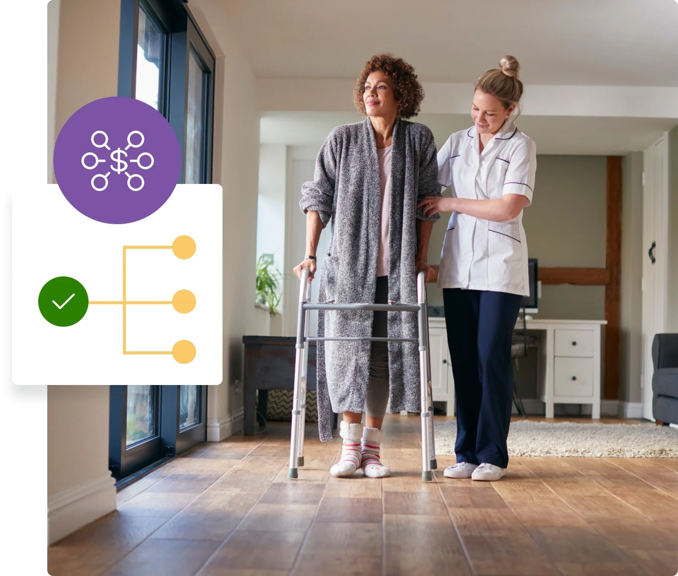 a woman walking with a walker next to another woman