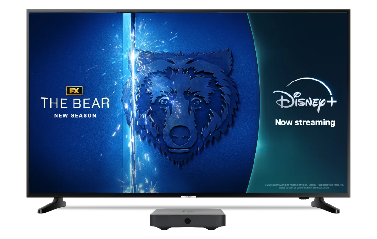 An image showing a Disney+ exclusive show 'The Bear' oan TV screen and an Optik TV set top box.